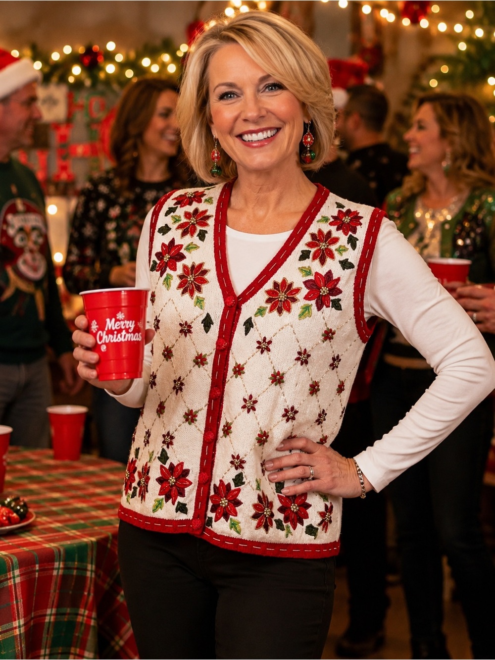Ugly Christmas Sweater Vest Woman’s 16 W (1x) Poinsettias White Stag